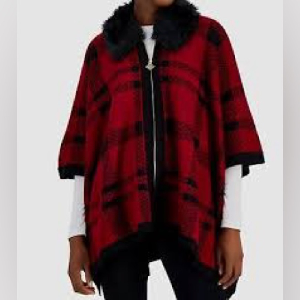 Anne Klein Red Plaid Poncho with Black Faux Fur